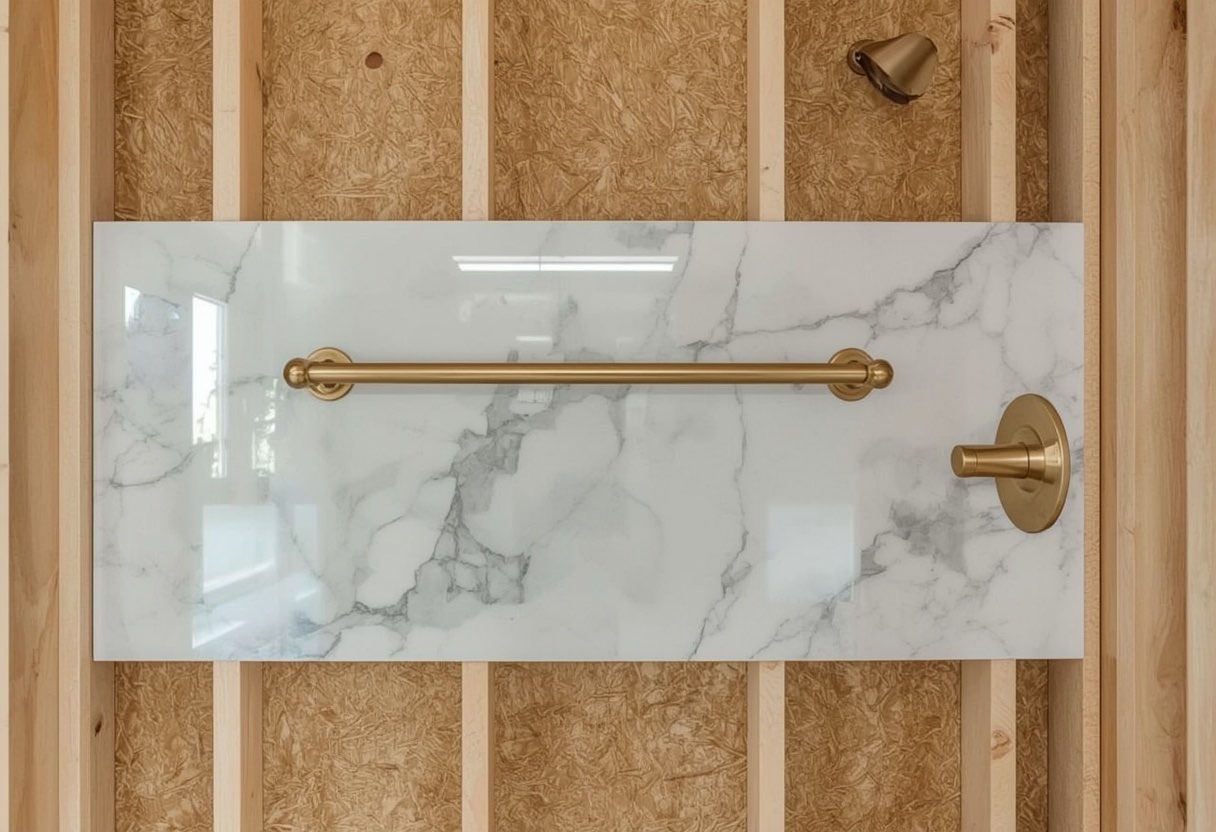 A grab bar bolted through the panel into blocking behind it. An acrylic panel has no structural capacity, so a
