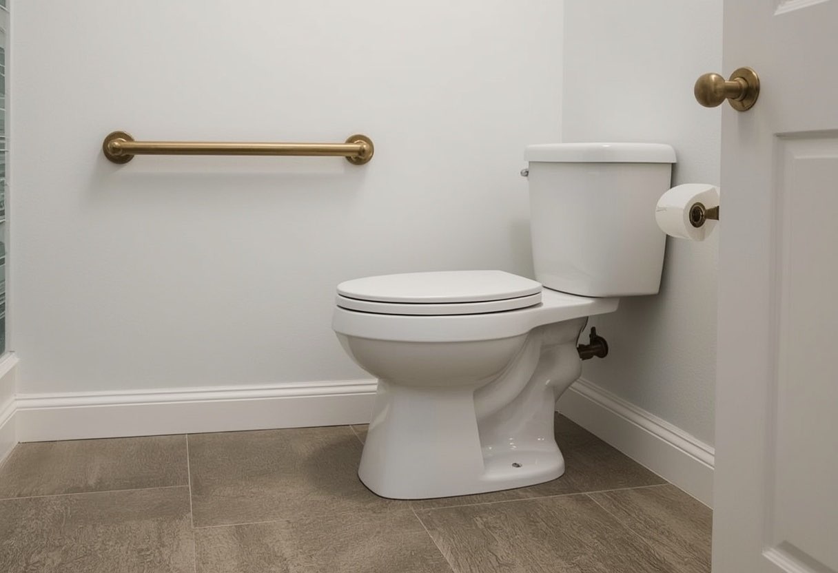 Comfort-height toilet with a brushed brass grab bar and clear transfer space