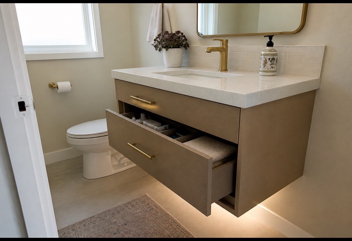 Wall-mounted, so the floor stays clear and clean, with real storage rather than a cabinet full of pipework.
