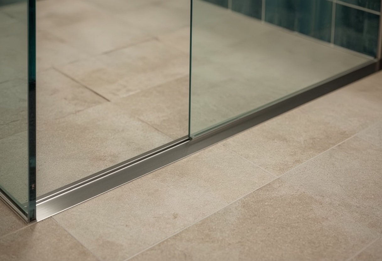 A linear drain set flush at the wall lets the whole floor slope in one plane, which allows large format tile a